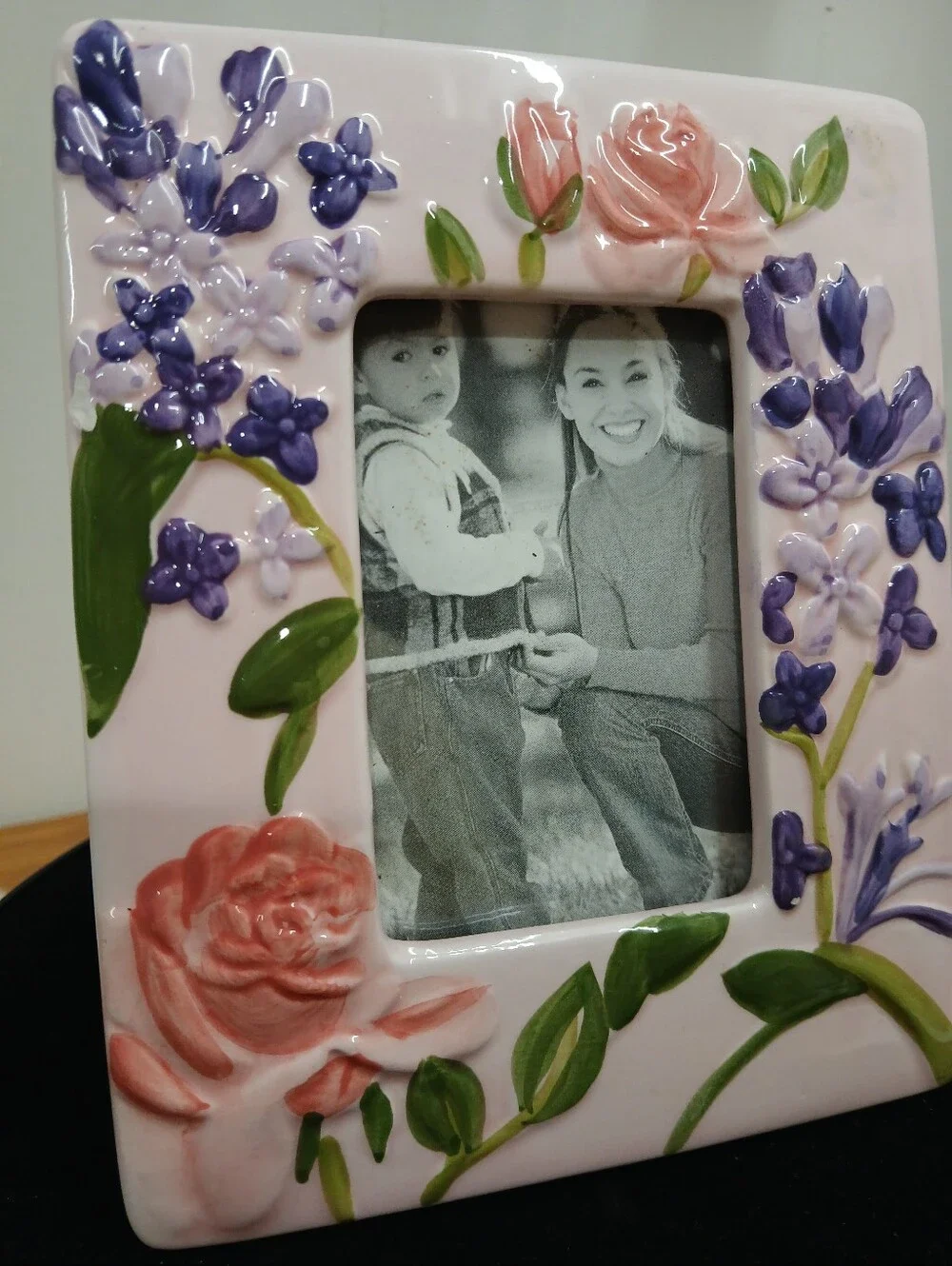 Floral Ceramic Picture Frame in Pink and Purple Holds 3x4 Picture